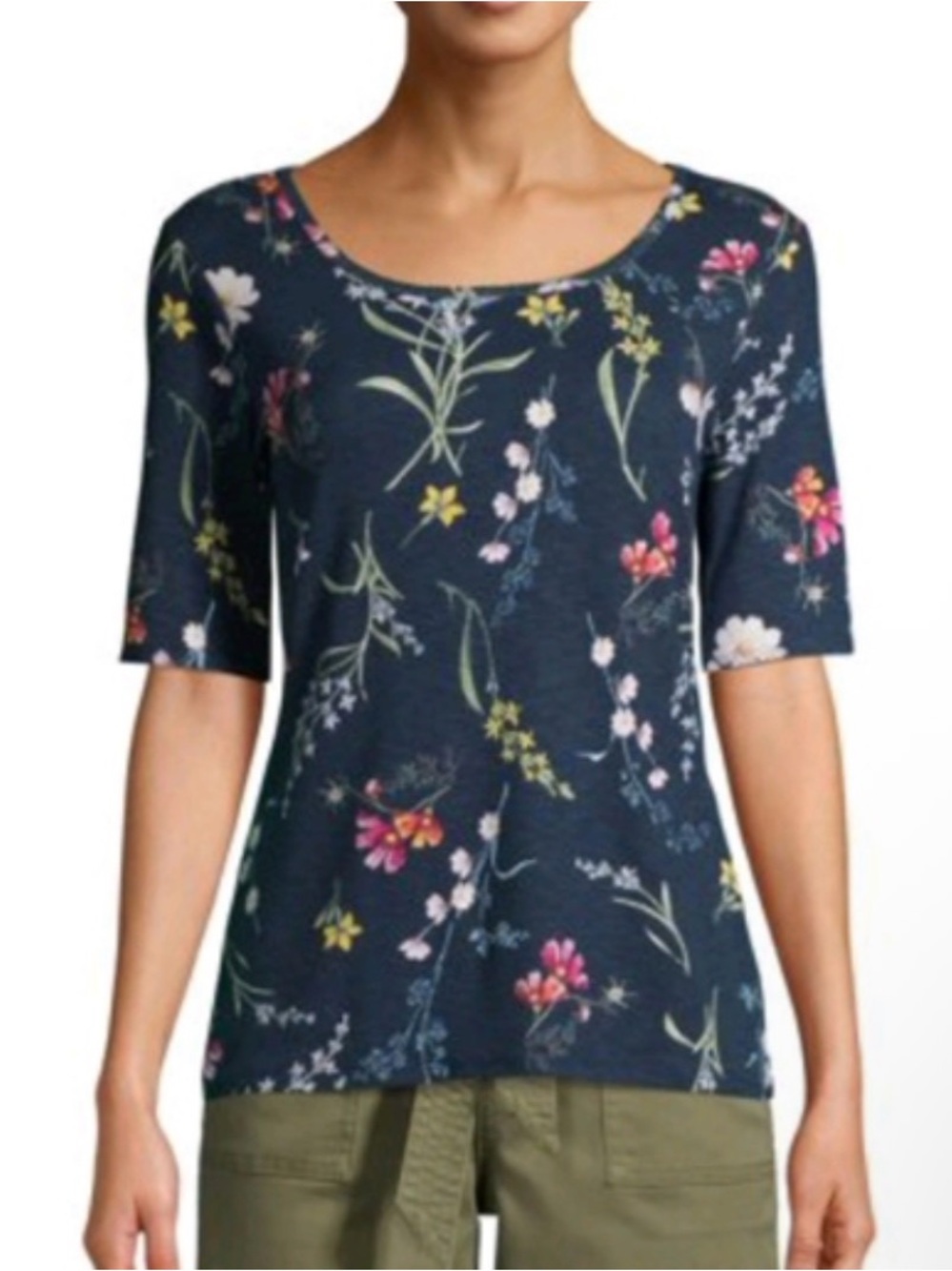 Time and Tru Navy Floral Scoop Neck Short Sleeve Tee